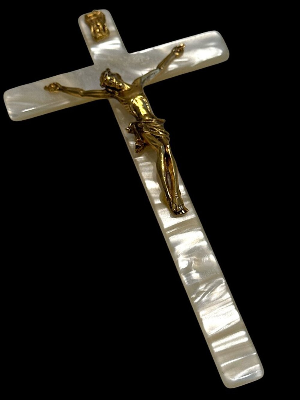 Vintage Cross Crucifix White Mother of Pearl and Gold Tone Jesus Religion Italy